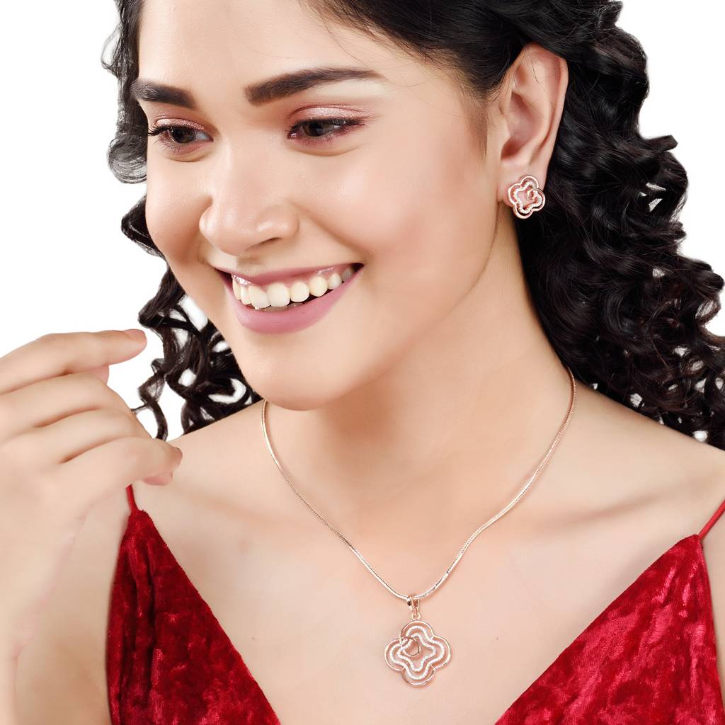 Rose Gold Plated Ad Studded Floral Design Pendant Earrings Set With Chain : SJLK1241