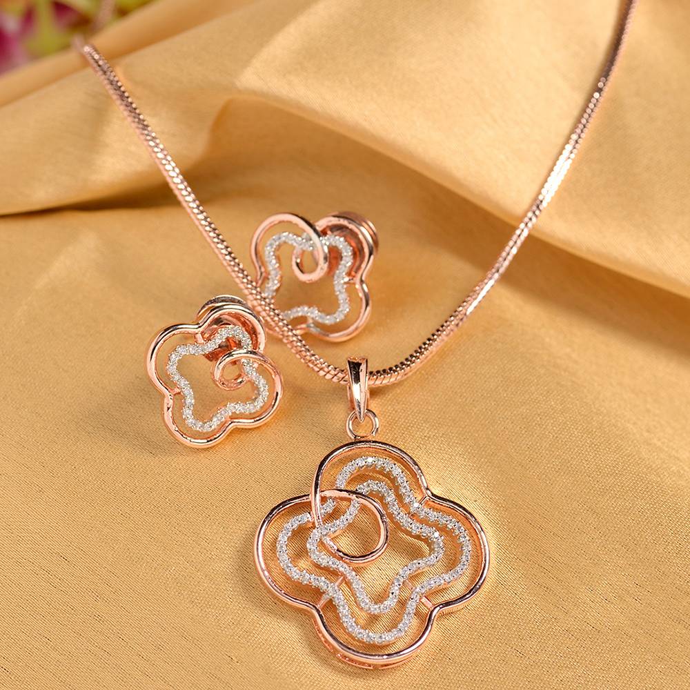 Rose Gold Plated Ad Studded Floral Design Pendant Earrings Set With Chain : SJLK1241
