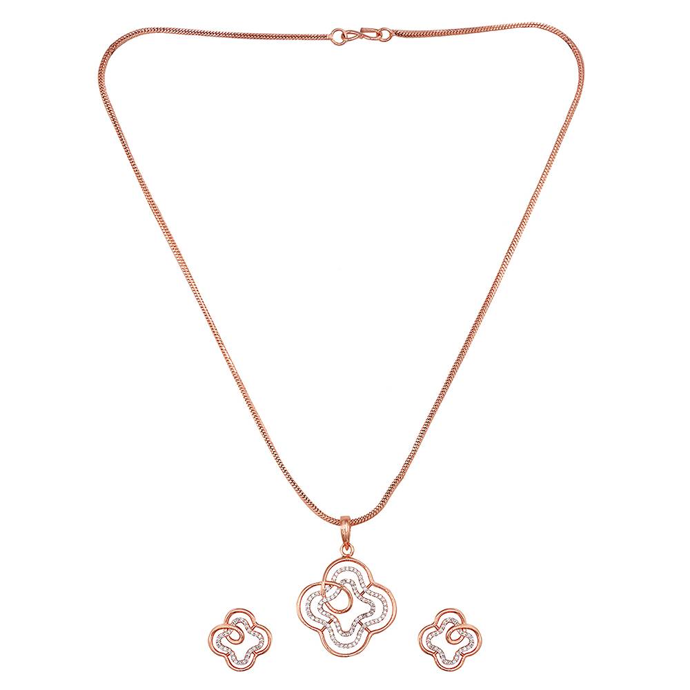 Rose Gold Plated Ad Studded Floral Design Pendant Earrings Set With Chain : SJLK1241
