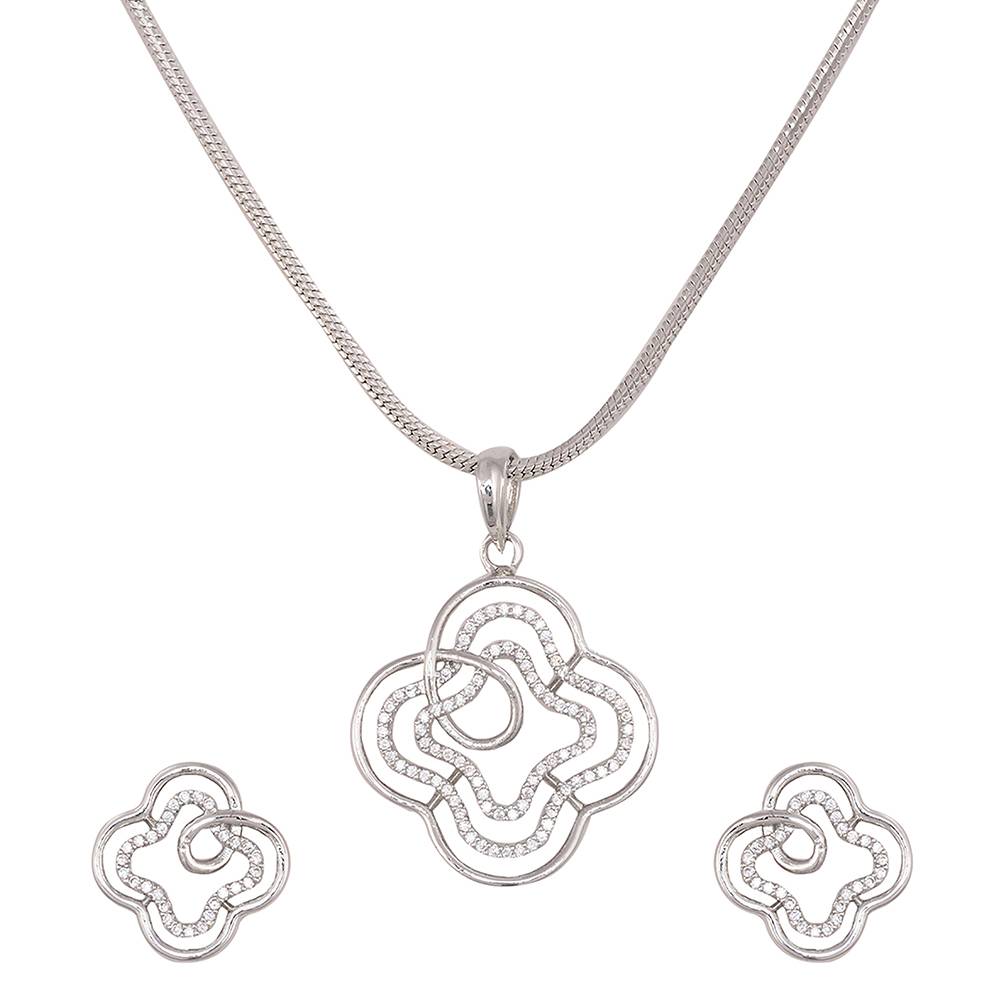 White Rhodium Ad Studded Floral Design Pendant Earrings Set With Chain : SJLK1242