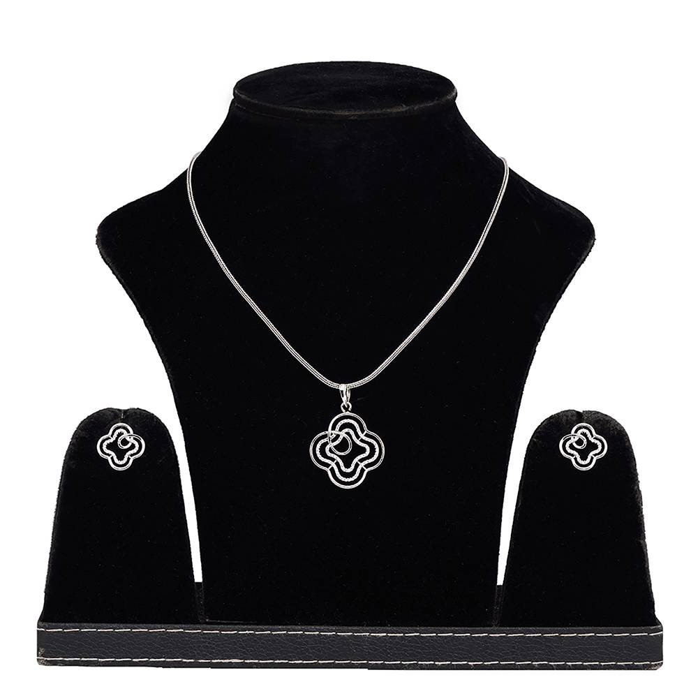 White Rhodium Ad Studded Floral Design Pendant Earrings Set With Chain : SJLK1242