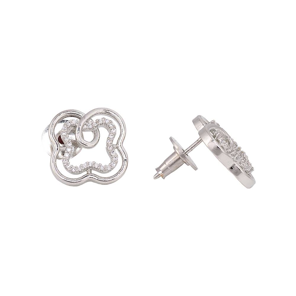 White Rhodium Ad Studded Floral Design Pendant Earrings Set With Chain : SJLK1242