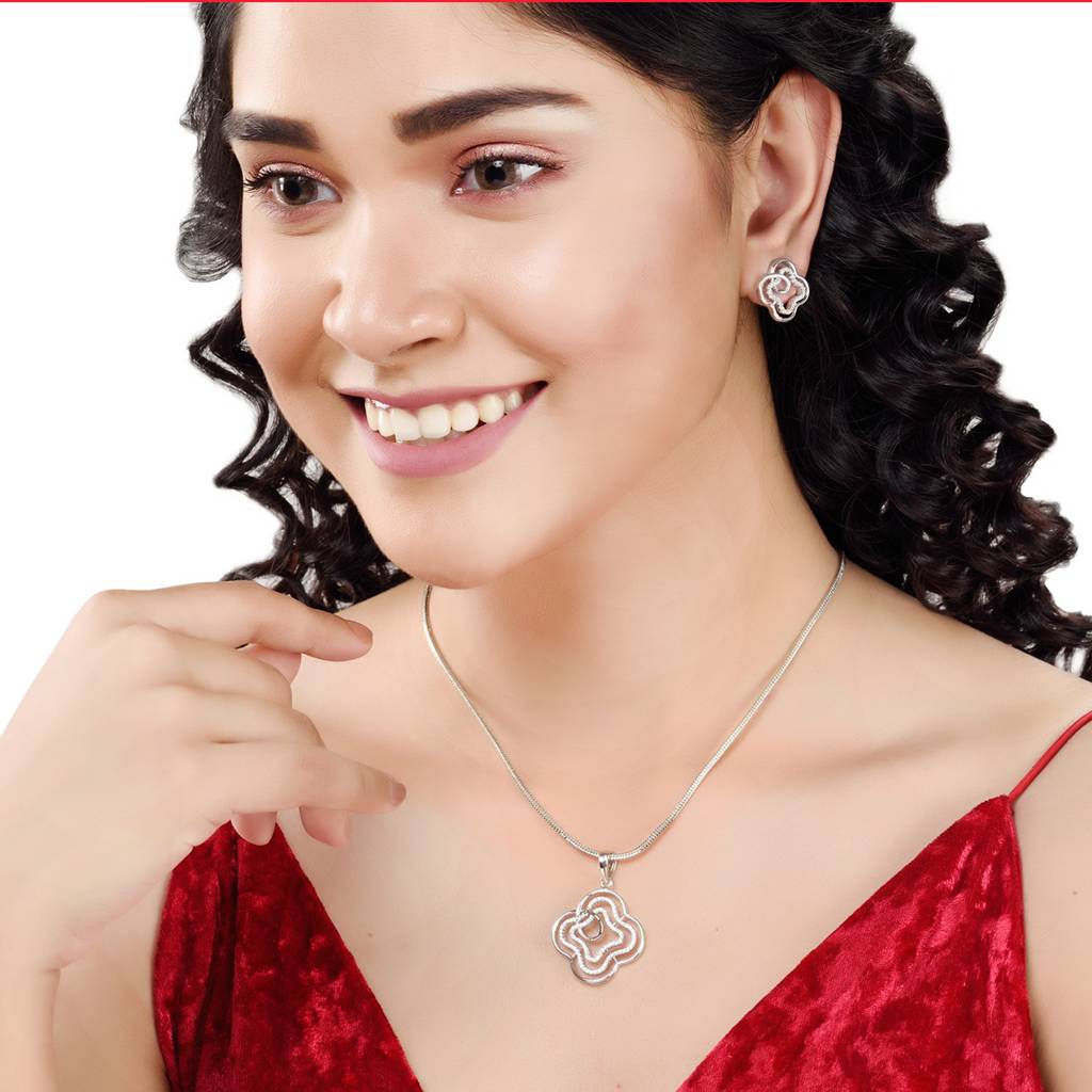 White Rhodium Ad Studded Floral Design Pendant Earrings Set With Chain : SJLK1242