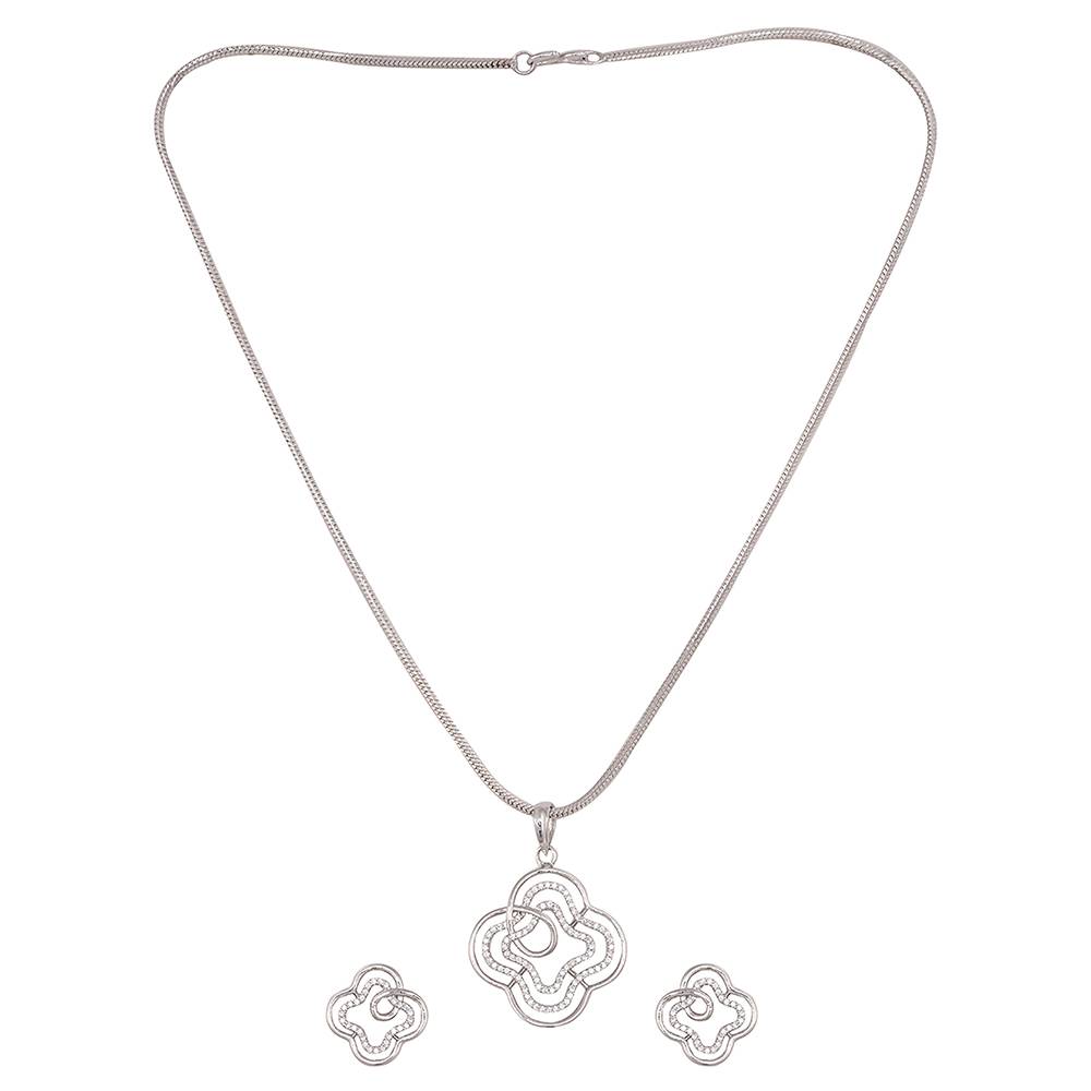 White Rhodium Ad Studded Floral Design Pendant Earrings Set With Chain : SJLK1242