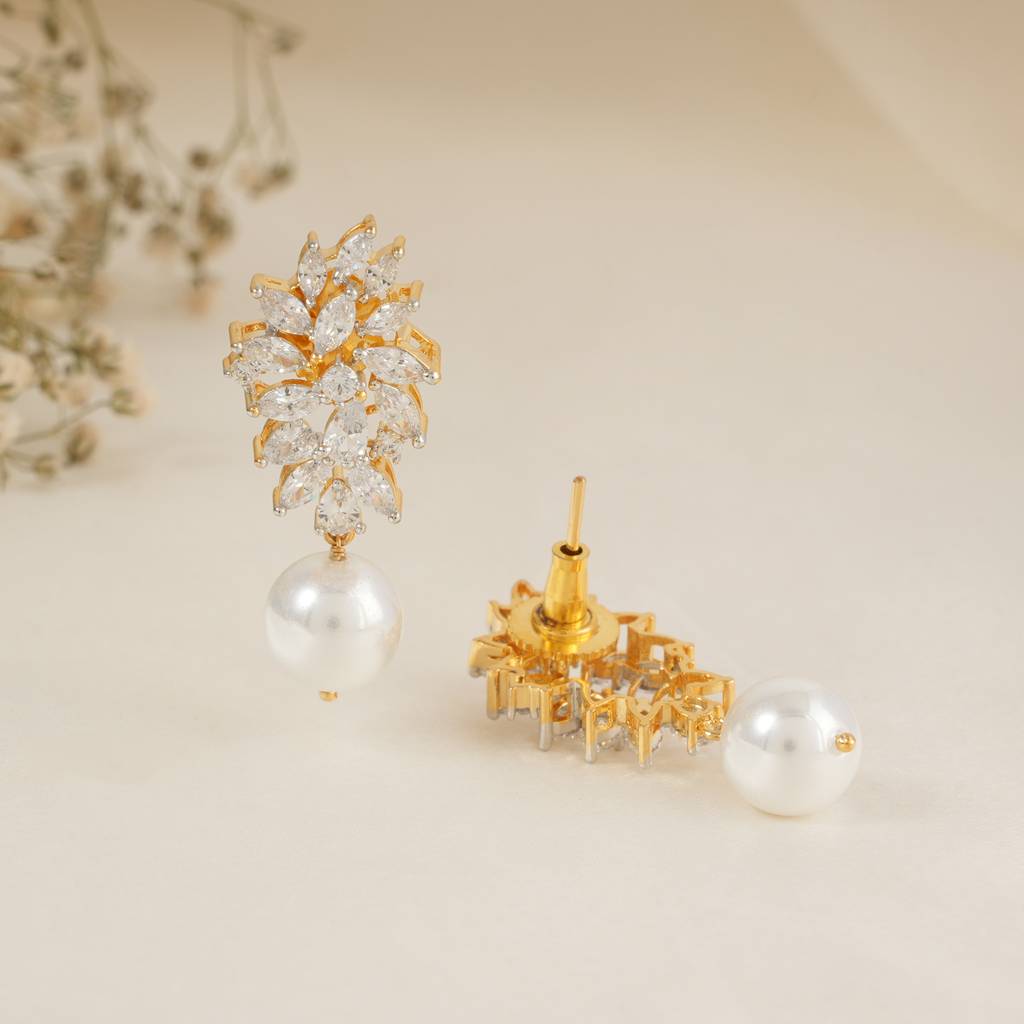 Amazing Pearl Drop Cz Diamond Gold Plated Earring : SJ129