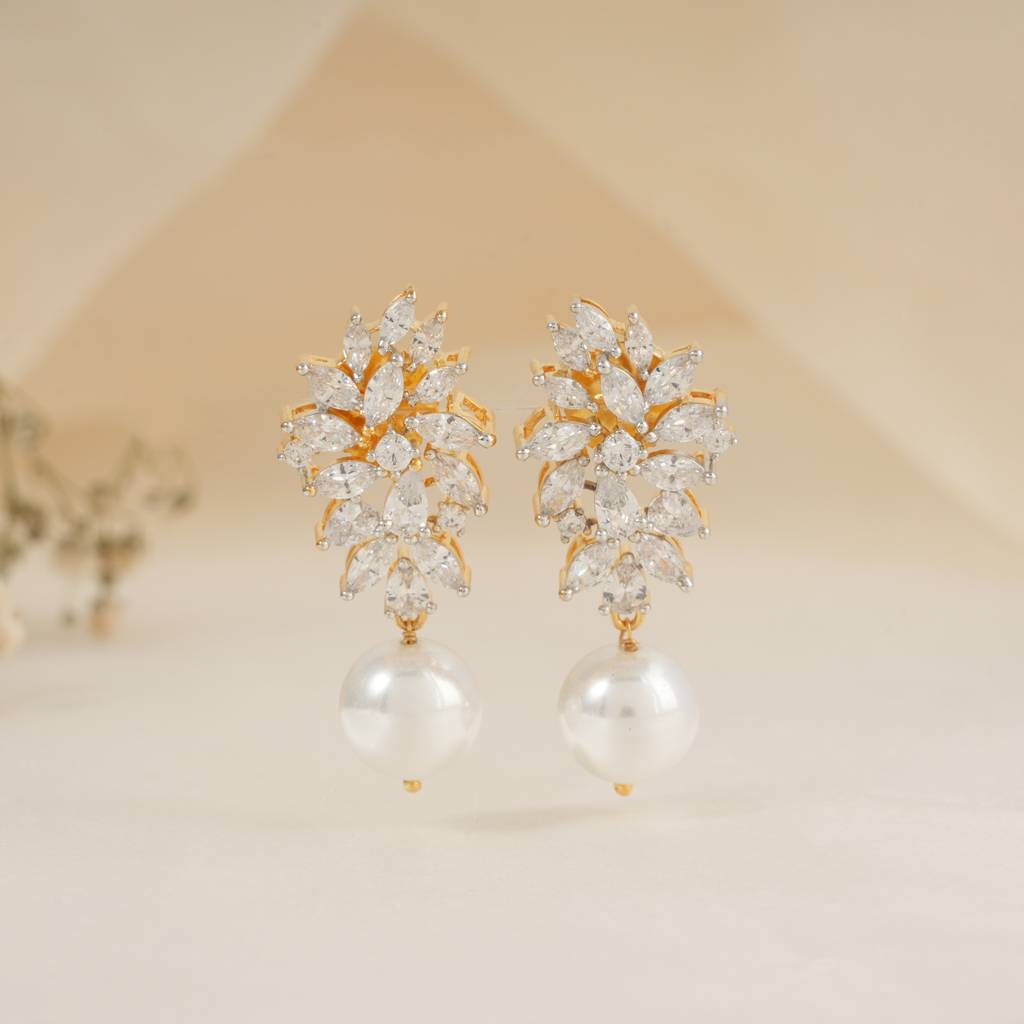 Amazing Pearl Drop Cz Diamond Gold Plated Earring : SJ129