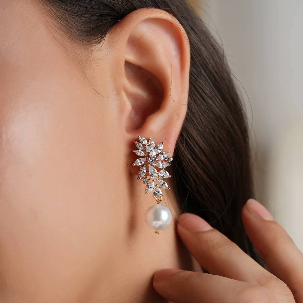 Amazing Pearl Drop Cz Diamond Gold Plated Earring : SJ129