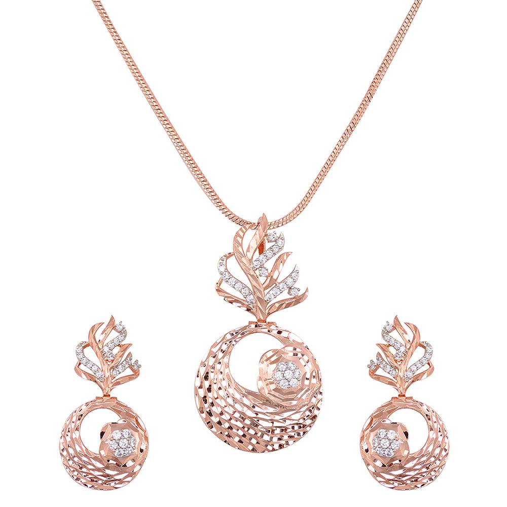 Rose Gold Plated Ad Studded Round Pendant Earrings Set With Chain : SJLK1243