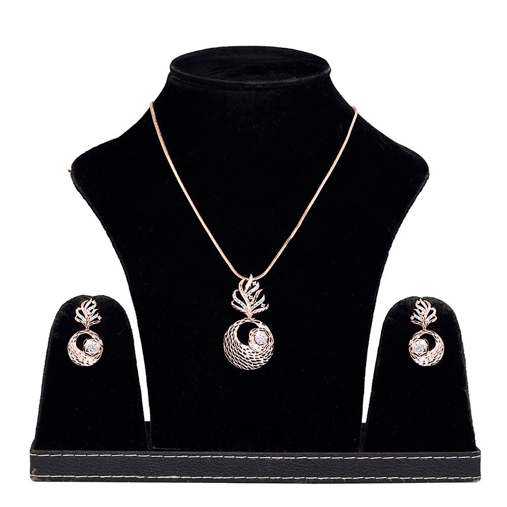 Rose Gold Plated Ad Studded Round Pendant Earrings Set With Chain : SJLK1243