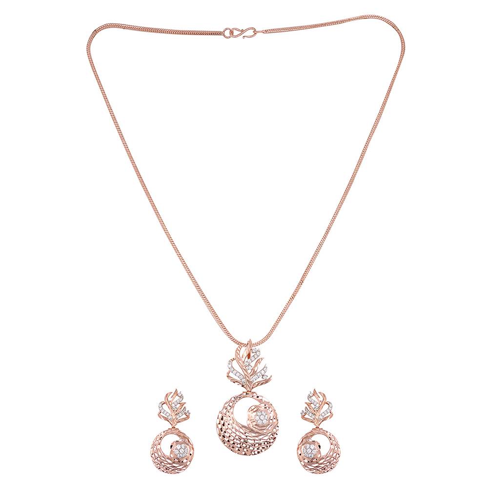 Rose Gold Plated Ad Studded Round Pendant Earrings Set With Chain : SJLK1243