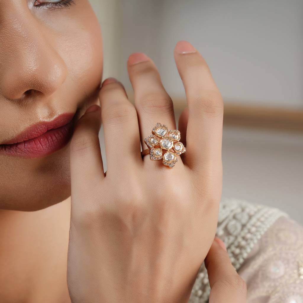 Cute Gold Plated Kundan Floral Finger Ring For Women : SJ157
