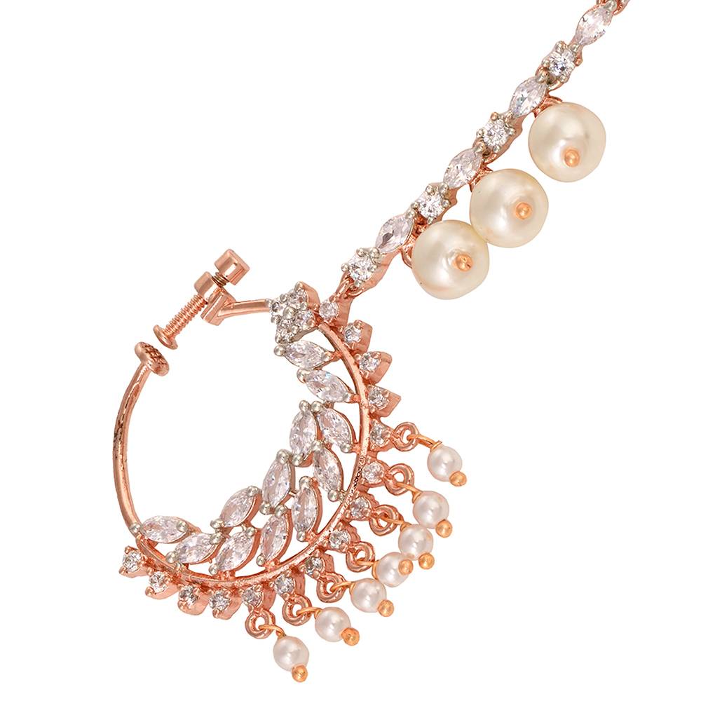 Rose Gold Plated Ad & Pearl Studded Handcrafted Nose Ring : SJNT1246