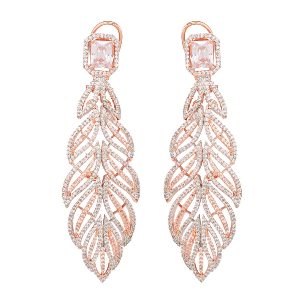 Rose Gold Plated Leaf Design Ad Studded Earrings : SJER1248