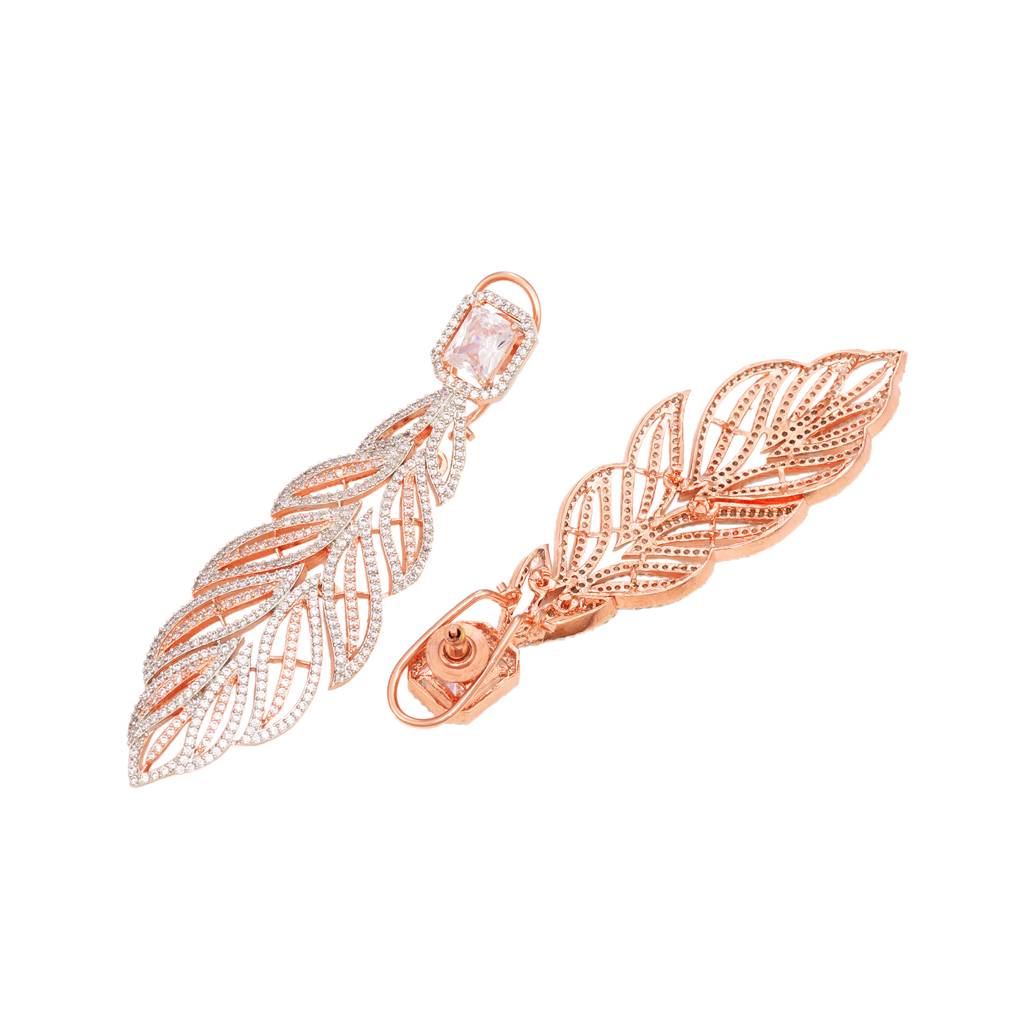 Rose Gold Plated Leaf Design Ad Studded Earrings : SJER1248