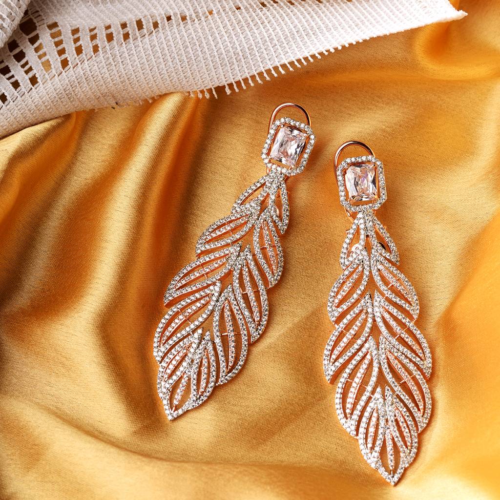 Rose Gold Plated Leaf Design Ad Studded Earrings : SJER1248
