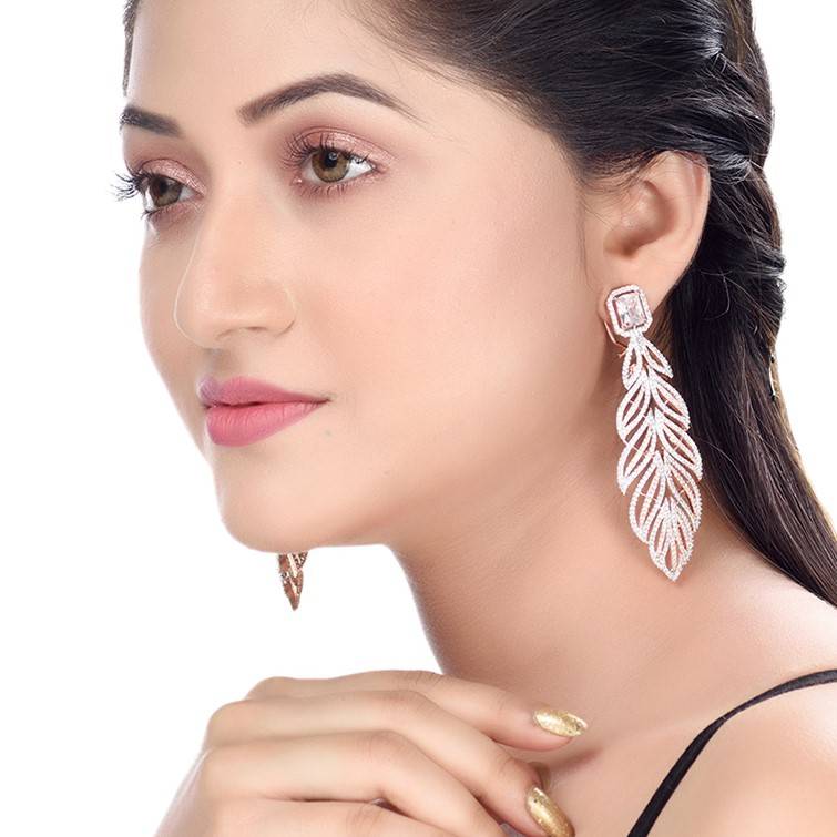 Rose Gold Plated Leaf Design Ad Studded Earrings : SJER1248