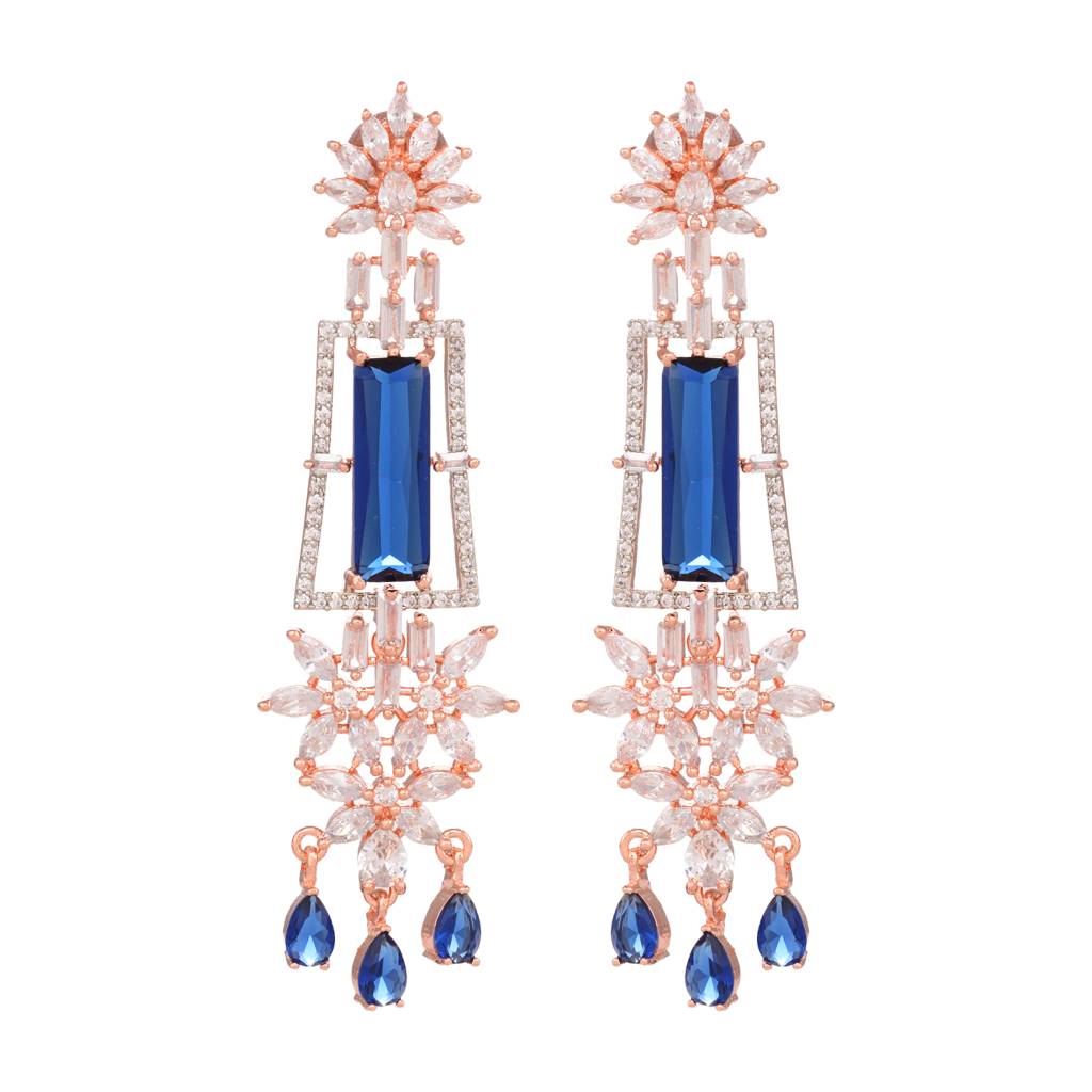 Rose Gold Plated Blue Ad Studded Drop Earrings : SJER1249