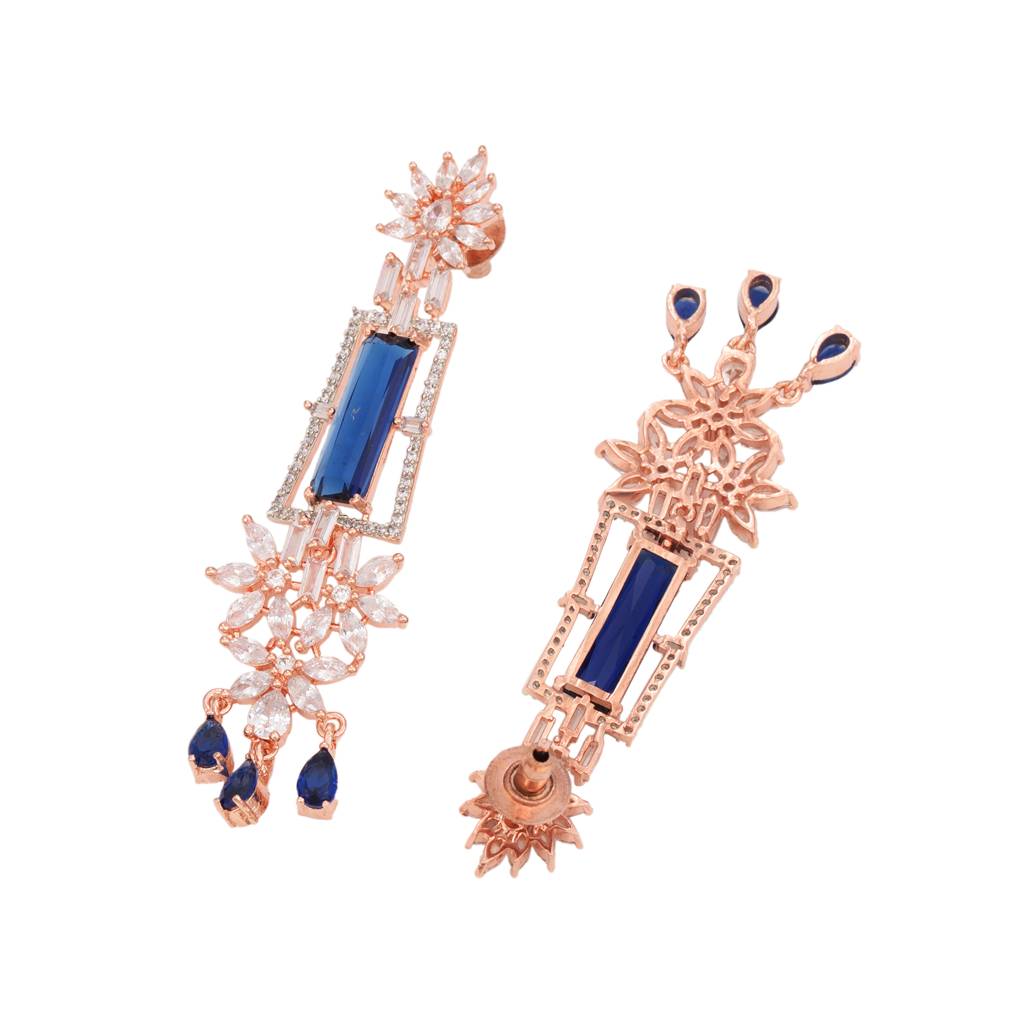 Rose Gold Plated Blue Ad Studded Drop Earrings : SJER1249