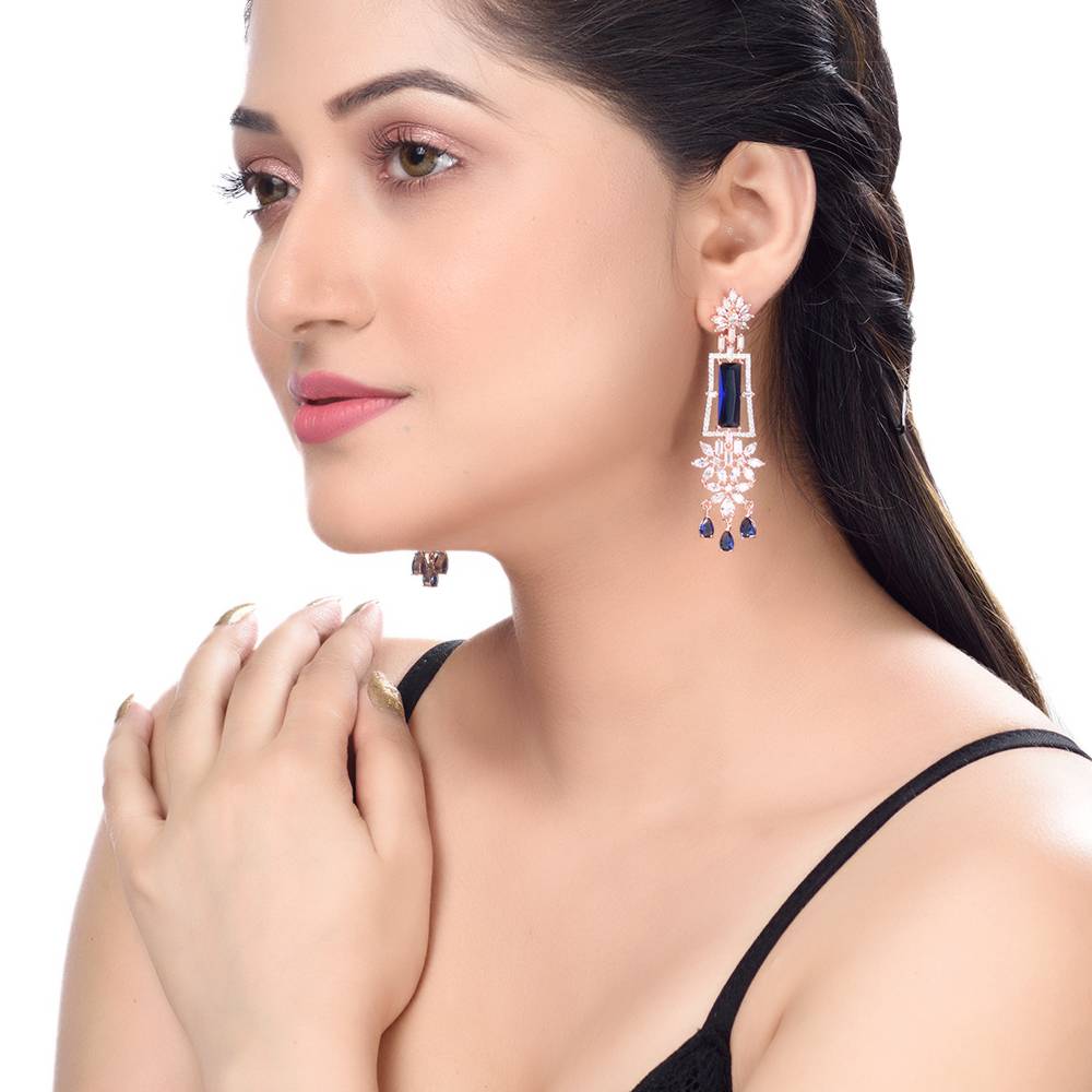 Rose Gold Plated Blue Ad Studded Drop Earrings : SJER1249