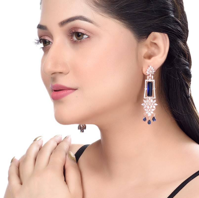 Rose Gold Plated Blue Ad Studded Drop Earrings : SJER1249