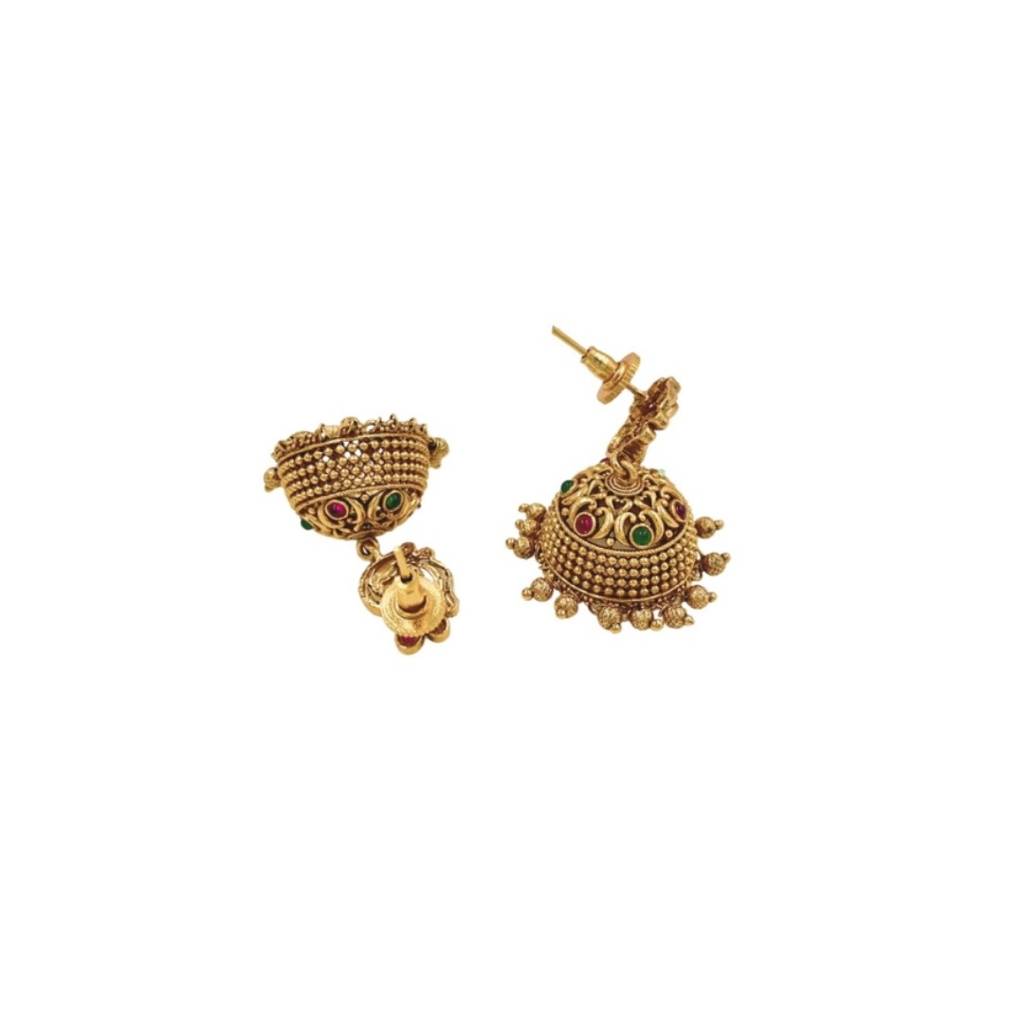 South Indian Temple Jewellery Antique Gold Jhumka Earrings With Ruby Stones : R-1162