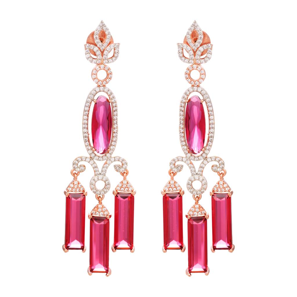 Rose Gold Plated Ruby Ad Studded Drop Earrings : SJER1250