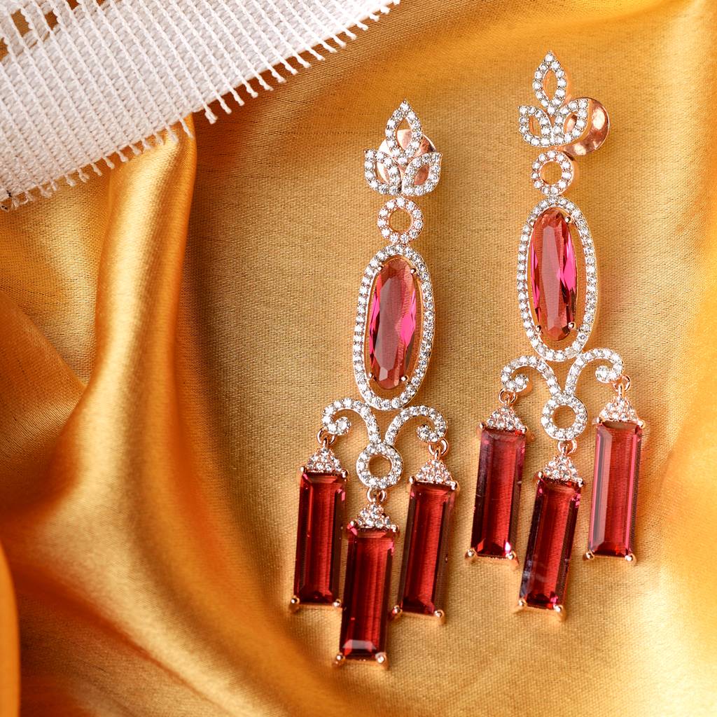 Rose Gold Plated Ruby Ad Studded Drop Earrings : SJER1250
