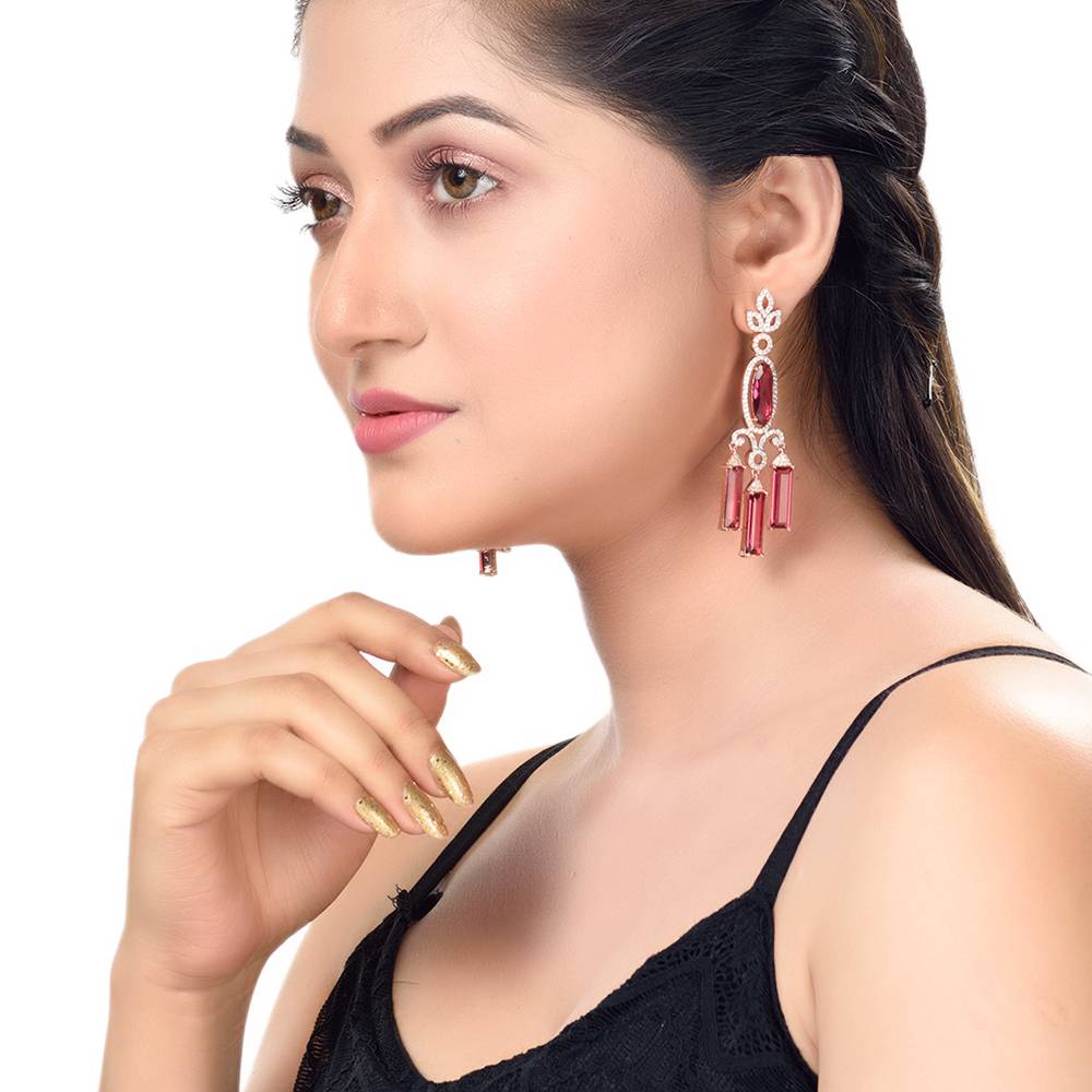 Rose Gold Plated Ruby Ad Studded Drop Earrings : SJER1250