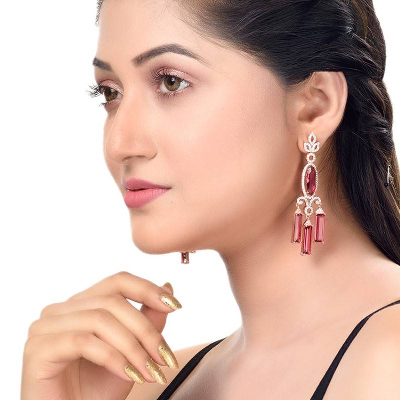 Rose Gold Plated Ruby Ad Studded Drop Earrings : SJER1250