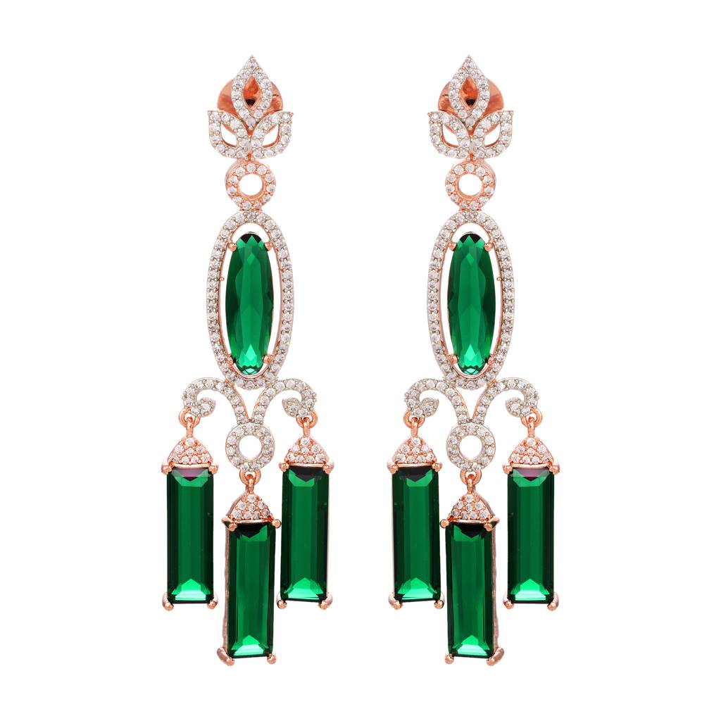 Rose Gold Plated Green Ad Studded Drop Earrings : SJER1251