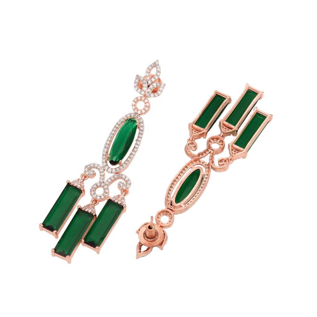 Rose Gold Plated Green Ad Studded Drop Earrings : SJER1251