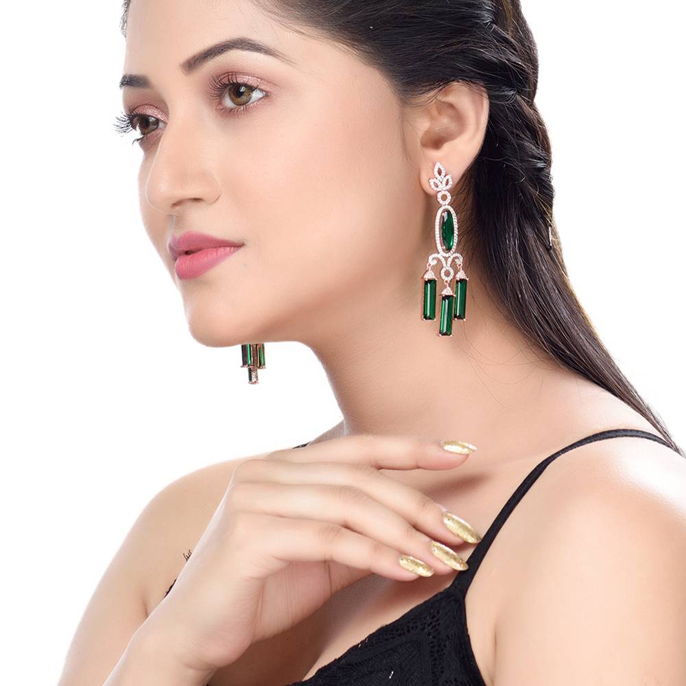 Rose Gold Plated Green Ad Studded Drop Earrings : SJER1251