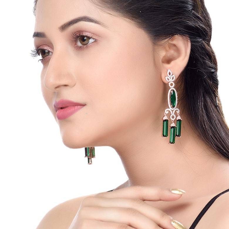 Rose Gold Plated Green Ad Studded Drop Earrings : SJER1251
