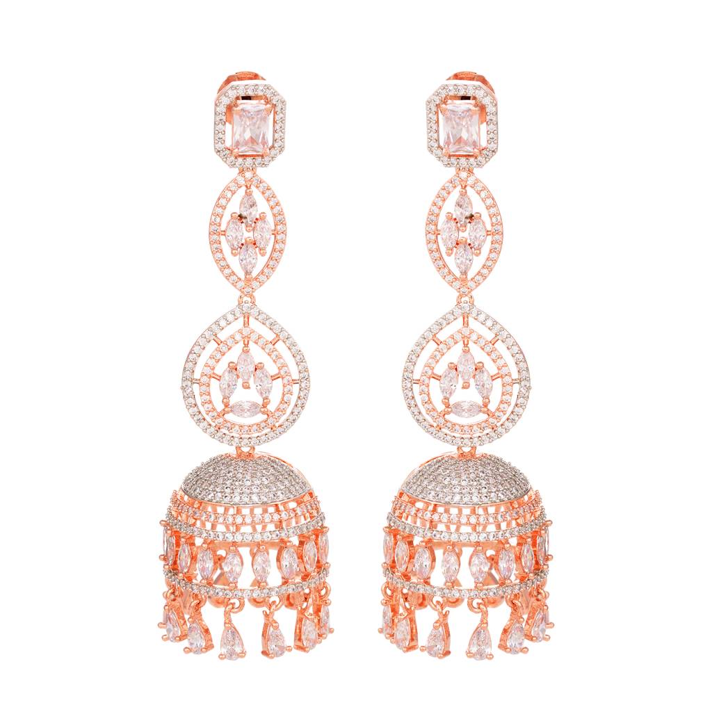 Rose Gold Plated Bell Shaped Ad Studded Jhumka Earrings : SJER1252
