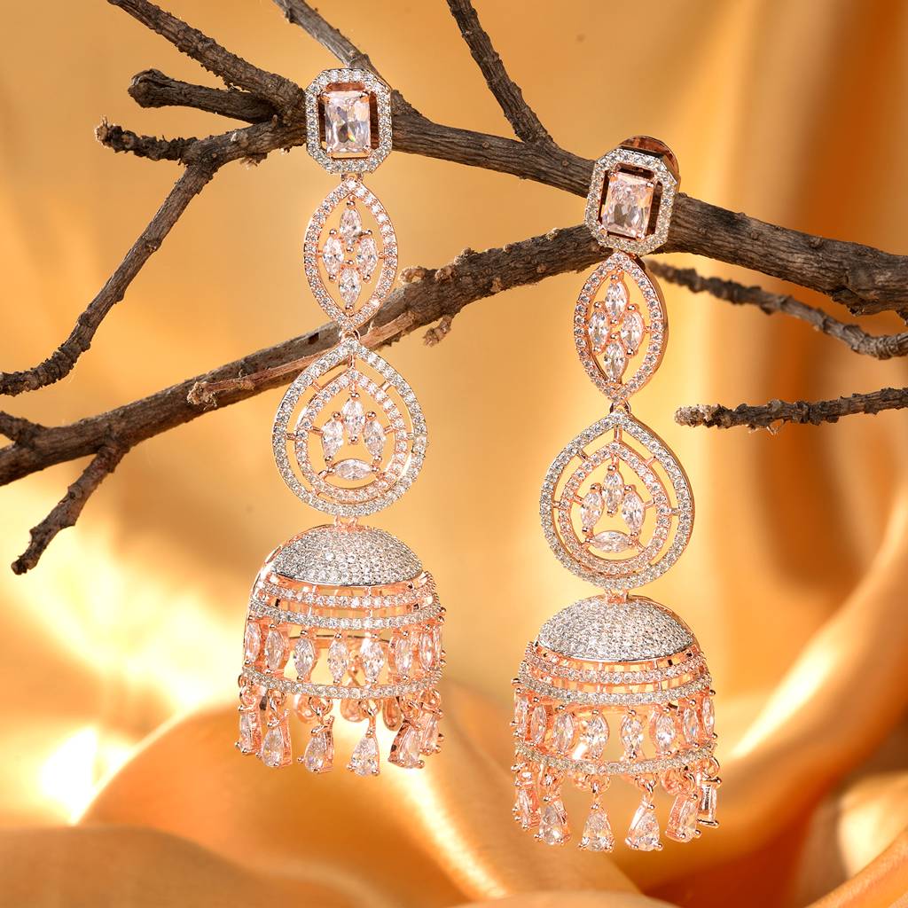 Rose Gold Plated Bell Shaped Ad Studded Jhumka Earrings : SJER1252