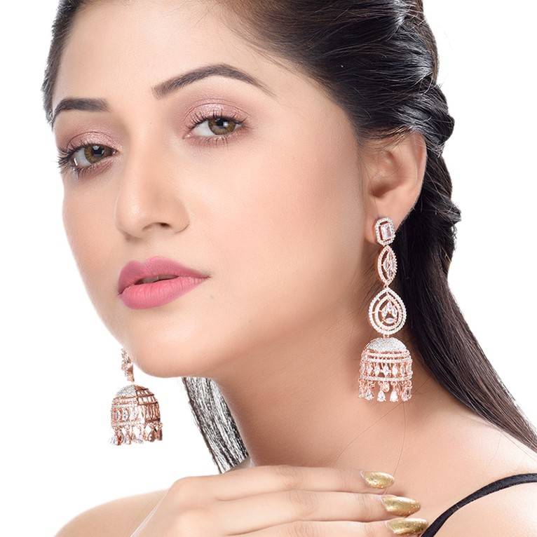 Rose Gold Plated Bell Shaped Ad Studded Jhumka Earrings : SJER1252
