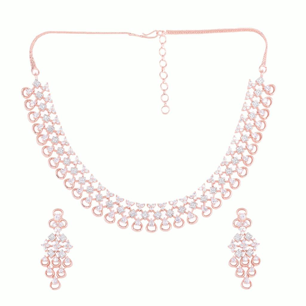 Rose Gold Plated Unique Design Ad Studded Necklace With Earrings For Women & Girls : SJNK1253