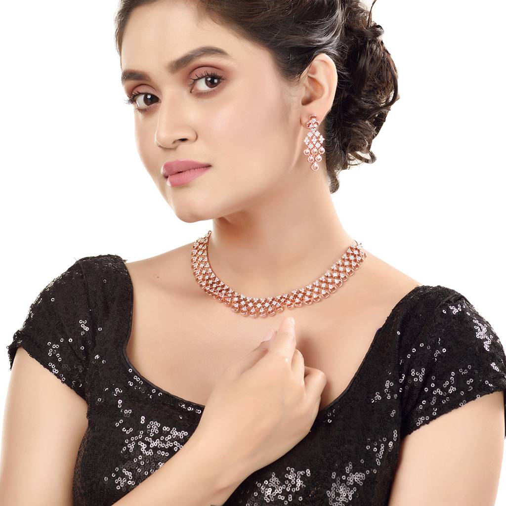 Rose Gold Plated Unique Design Ad Studded Necklace With Earrings For Women & Girls : SJNK1253