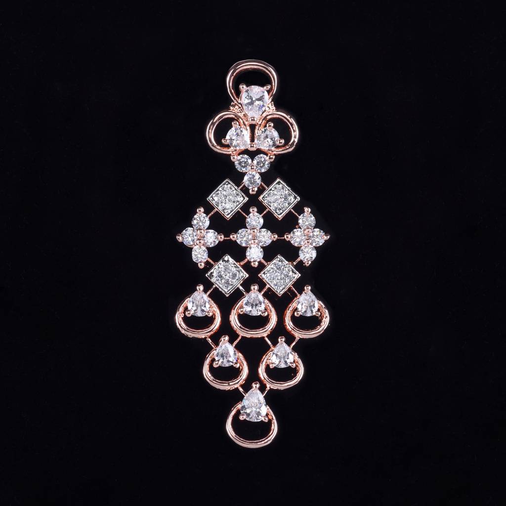 Rose Gold Plated Unique Design Ad Studded Necklace With Earrings For Women & Girls : SJNK1253