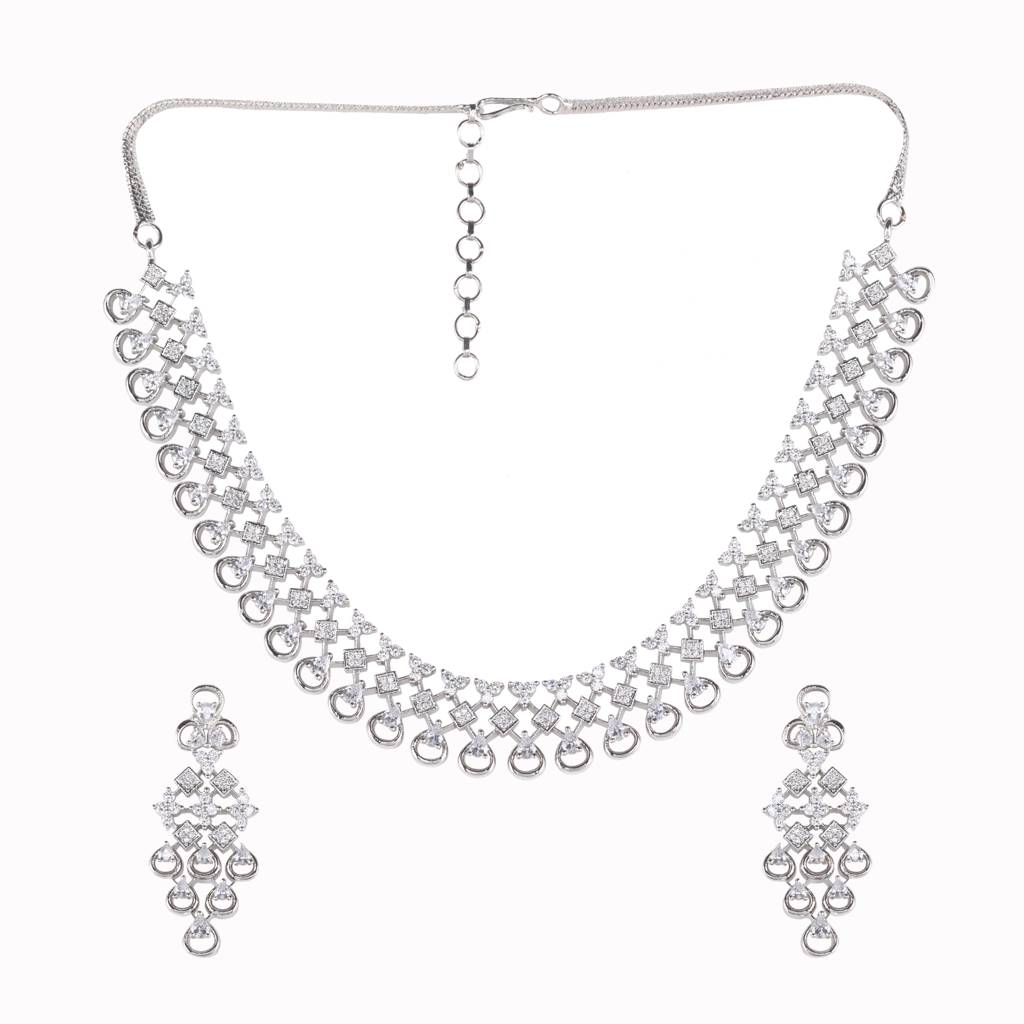 White Rhodium Plated Unique Design Ad Studded Necklace With Earrings For Women & Girls : SJNK1254