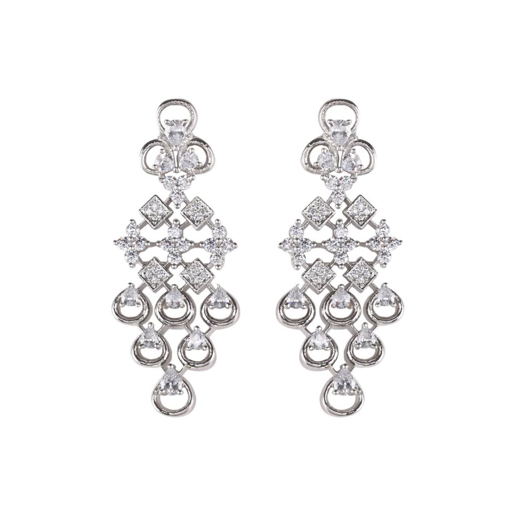 White Rhodium Plated Unique Design Ad Studded Necklace With Earrings For Women & Girls : SJNK1254