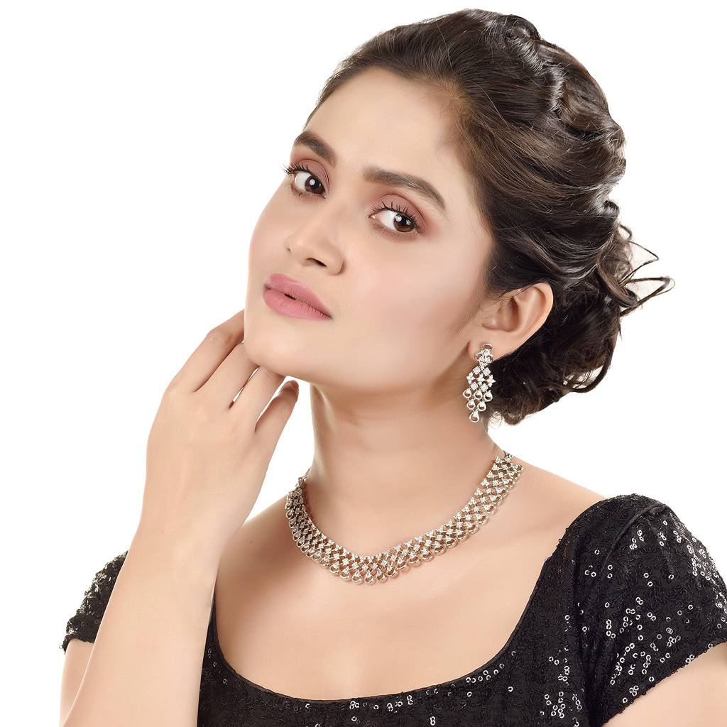 White Rhodium Plated Unique Design Ad Studded Necklace With Earrings For Women & Girls : SJNK1254