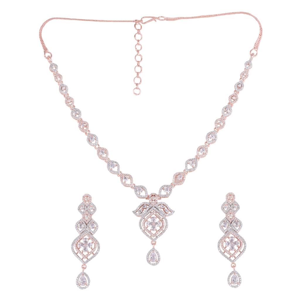 Rose Gold Plated Contemporary Ad Studded Necklace With Earrings For Women & Girls : SJNK1256