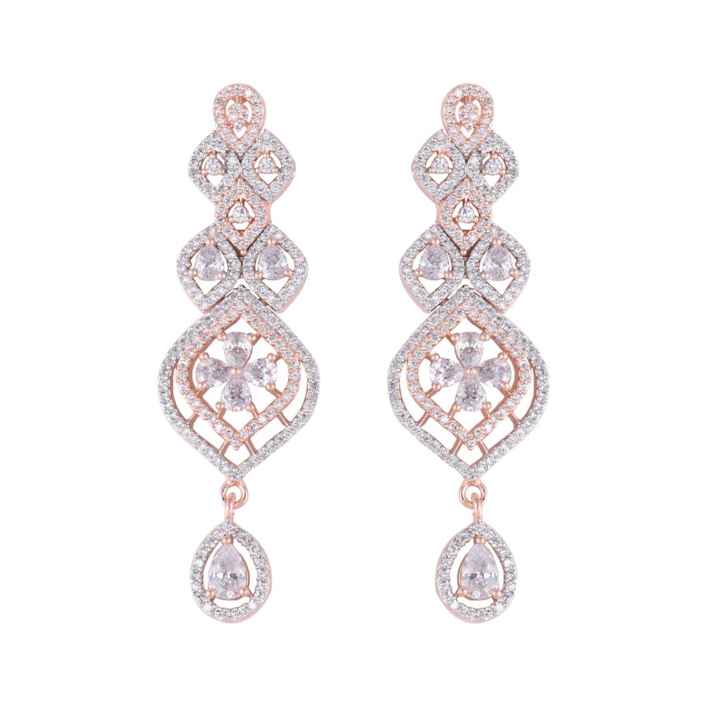Rose Gold Plated Contemporary Ad Studded Necklace With Earrings For Women & Girls : SJNK1256