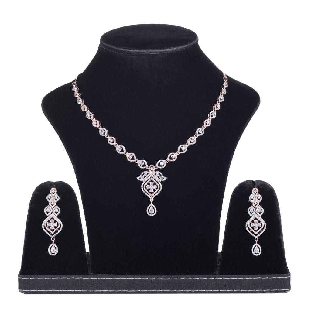 Rose Gold Plated Contemporary Ad Studded Necklace With Earrings For Women & Girls : SJNK1256