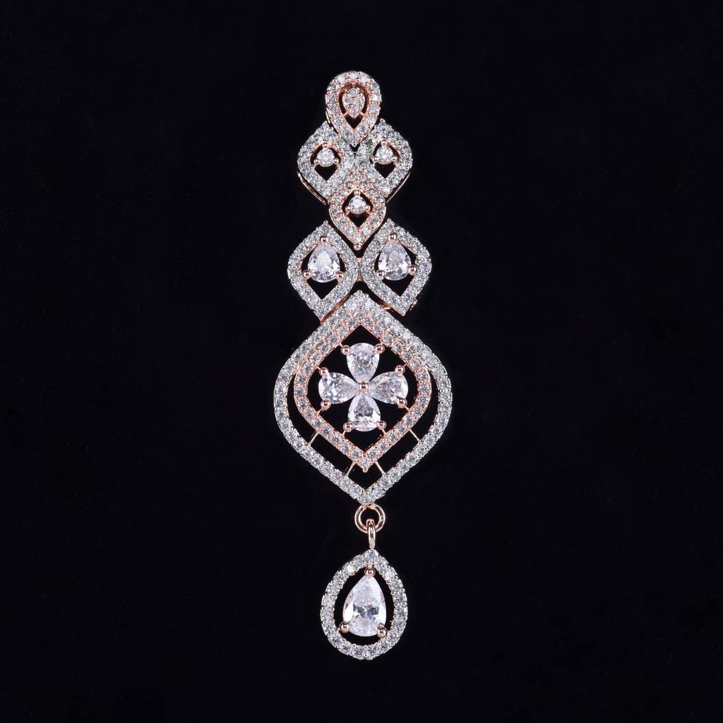 Rose Gold Plated Contemporary Ad Studded Necklace With Earrings For Women & Girls : SJNK1256