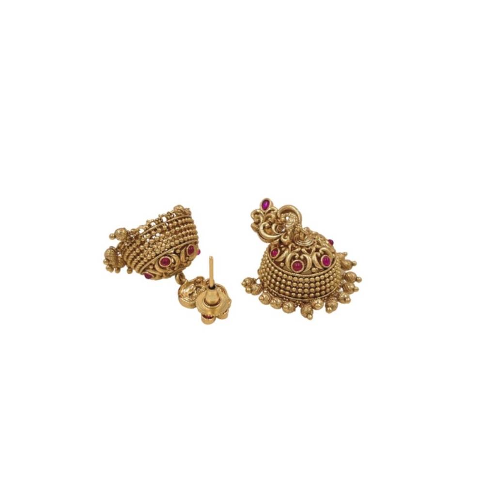 South Indian Temple Jewellery Antique Gold Jhumka Earrings With Ruby Stones : R-1162