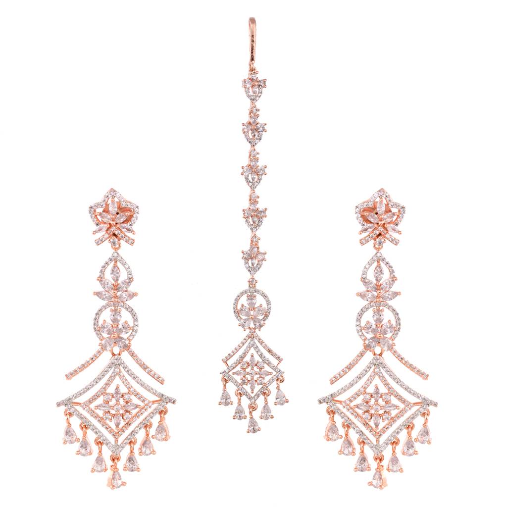 Rose Gold Plated Ad Studded Mangtika & Earring Set : SJME1260