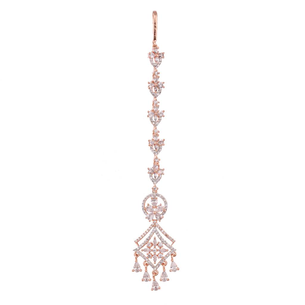Rose Gold Plated Ad Studded Mangtika & Earring Set : SJME1260