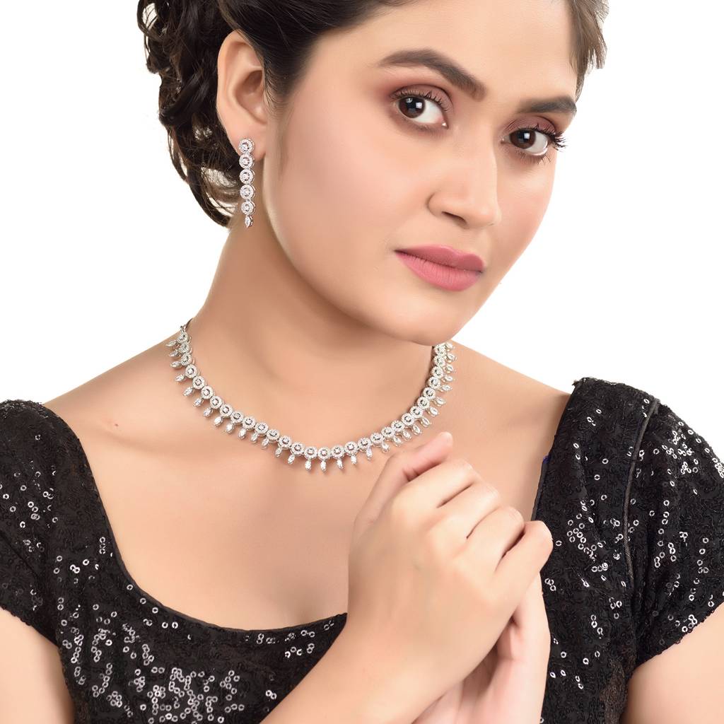 White Rhodium Plated Unique Leaf Design Ad Studded Necklace With Earrings For Women & Girls : SJNK1261